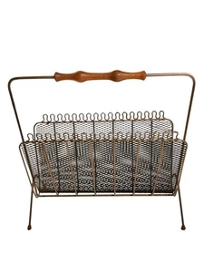 Magazine Rack Metal Wire Teak Wood Brass Vintage Mid Century Mega - Picture 1 of 6