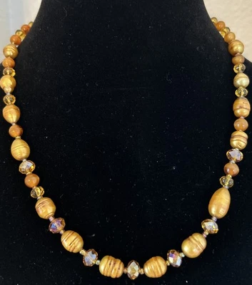 Necklace Gold Tone Beads. Gold Color Freshwater Pearls Rhinestones And Tigereye - Image 1 of 4