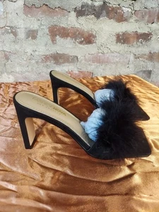 Women Faux Feather Slippers Sandals Square Toe High Heels Sz 6.5 Slides BLACK R - Picture 1 of 5