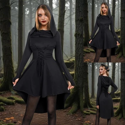 Halloween Adult Women Hooded Gothic Dress Lace Up Cosplay Costume with Stocking - Image 1 of 4