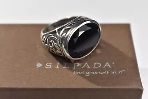 Anello SILPADA R2045 argento sterling calcedonio fumè vortice filigrana taglia 7 onice WOW - Foto 1 di 12