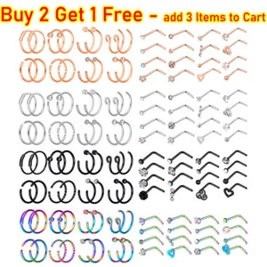 2-32Pcs Surgical Steel Nose Rings Hoop L Bend Nose Stud Nostril Piercing Kit 20G - Picture 1 of 36