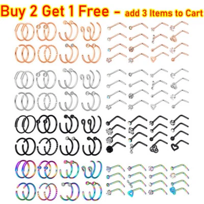 2-32Pcs Surgical Steel Nose Rings Hoop L Bend Nose Stud Nostril Piercing Kit 20G - Image 1 of 4