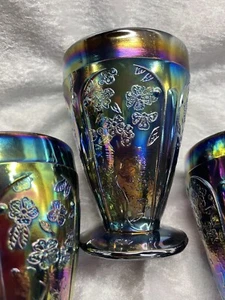Carnival Glass AA Importing Co Floral Black Blue Floral Tumbler 4.25” Set Of 4 - Picture 1 of 13