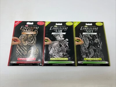 Engraving Art Kits Lot of 3 - Tiger, Sea Horse, Cat -New Copper And Silver Foil - image 1 of 4