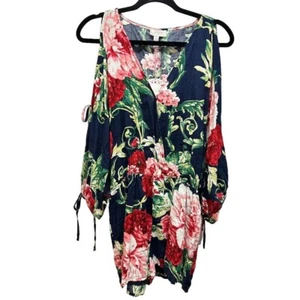 Umgee Navy Blue Floral Tie-up Long-Sleeve Romper Shorts Size M - Picture 1 of 9
