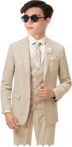 Boys Linen Suit Boys 3 Piece Vest Suit Boy Formal Suit Set Tuxedos for Kids Prom - Picture 1 of 33
