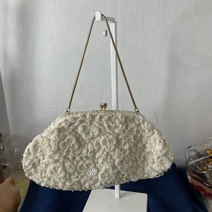 Vintage Beaded Purse Made In Hong Kong Cream And White Sequin - Picture 1 of 10