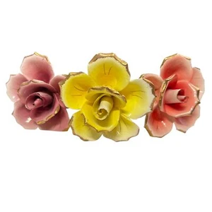 Vintage Yellow Peach Pink Roses Stems Fine China Gold Accent 4" Flowers 17" Stem - Picture 1 of 13