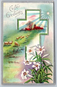 Easter Greetings, Lilies, Rural Scene, Cross, Star Rays, Antique 1910 Postcard - Picture 1 of 2