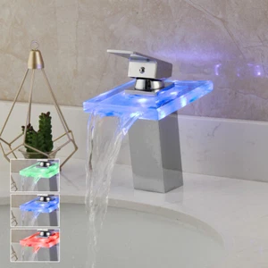 Bathroom Water Powered-No Battery LED Glass Waterfall Faucet Basin Mixer Taps - Picture 1 of 11