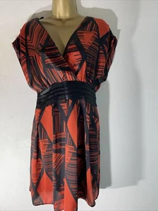 Women Dorothy Perkins Uk 16 Black/orange Satin Short Sleeve V Neck Shirt Blouse - Picture 1 of 6