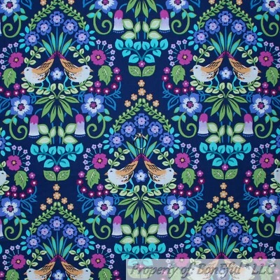 BonEful FABRIC FQ Cotton Quilt VTG Blue Rainbow Bird Damask Pattern Flower Print - Image 1 of 4