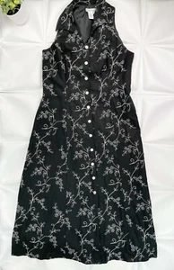 Coldwater Creek Sz 16 Long Black Linen Bld Floral Embroidered Maxi Shirt Dress - Picture 1 of 12