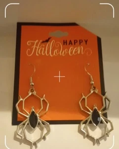 Halloween Earrings Spider Silver M-L Black Rhinestone Drop Dangle Earring Long  - Picture 1 of 12
