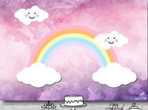 RAINBOW COLOUR CLOUDS PERSONALISED BIRTHDAY PARTY BANNER BACKDROP DECORATION - Picture 1 of 4