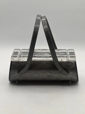 Rialto NY Lucite Round Box Handbag Purse In Gray With Clear Etched Lid 1950’s - Image 1 of 4