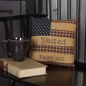 Primitive 10"x10" Blessed Pillow Red Embroidered Patch Bedroom Decor VHC Brands - Picture 1 of 6