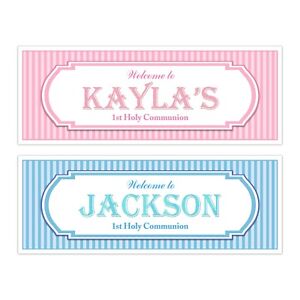PERSONALISED 1st HOLY COMMUNION CONFIRMATION BANNERS PINK BLUE BOYS GIRLS NAME 
