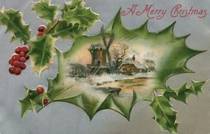 Silver Gilt Leaf Frame of Scenic House and Windmill Winter Christmas Postcard - Picture 1 of 2