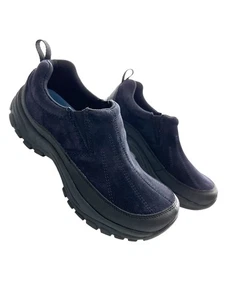 Land’s End Suede Mocs Navy Blue Slip On Shoes Embroidered Size 8.5 - Picture 1 of 9