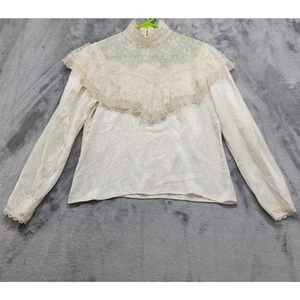 Vintage 70er Gunne Sax Bluse Damen M elfenbein Spitze Satin hochgeschlossen Rüschen Prairie - Bild 1 von 12