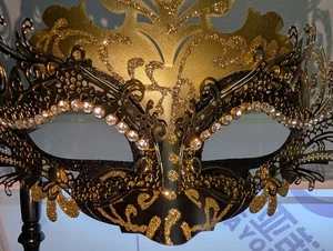 Black & Gold Venetian Masquerade Half Mask with Metal Foil Glitter Handheld - Picture 1 of 9