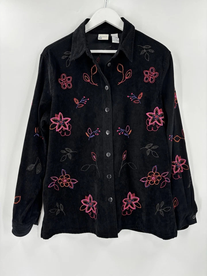 Chaqueta Koret Vintage Mujer Grande Negra Rosa Floral Bordado Botón Imitación Gamuza Foto 1 de 4