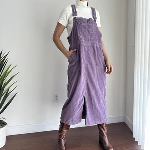 Vintage Eddie Bauer Overall Dress Large Petite Purple Corduroy Cargo Jumper - Picture 1 of 15