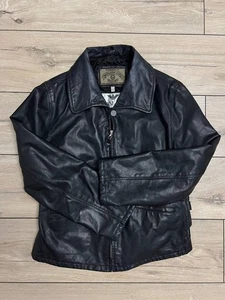 Women Vintage Armani Jeans Leather Jacket Black Motorcycle Style I 44 US 10 Zip - Picture 1 of 12