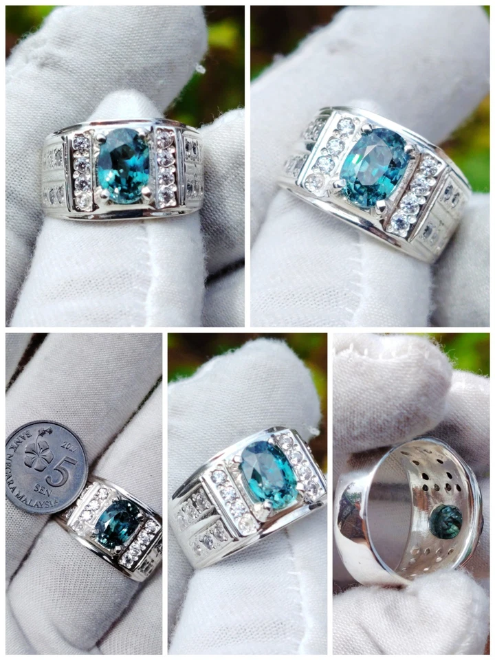 Anillo hecho a mano de plata natural de 2,54 quilates con circón azul de Camboya Foto 1 de 4