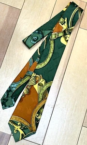 Corbata HERMES Patrón Bufanda 100% Seda Hombre Negocios Verde Dorado #y4761 - Imagen 1 de 5