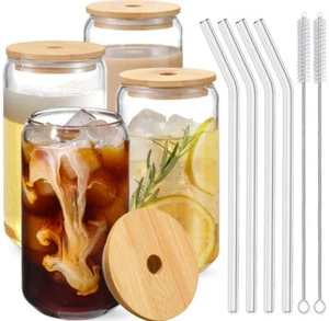 Glass Cups with Bamboo Lids and Straws, 16OZ Ice Coffee Cup, Drinking Cup set - Picture 1 of 3
