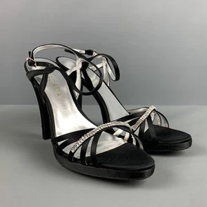 ESCADA Talla 9 Negro Plata Seda Pedrería Sandalias Tira en Tobillo - Imagen 1 de 10