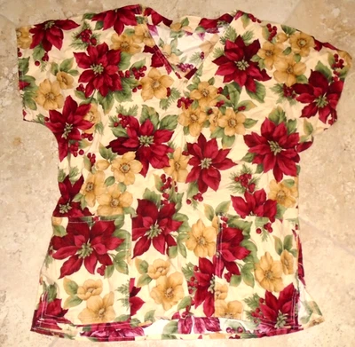 Poinsettias & Holly Berries Scrub Uniform Top Adult M Medium - Image 1 of 2