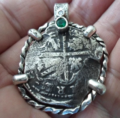 Philp III Silver 4 Reales (1621-1627) Seville-Assayer D with Emerald & Diamond - Image 1 of 4