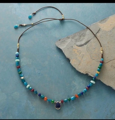 NEW Sundance Jewelry Catalog Leather Silver Lapis Pendant Beach Bonfire Necklace - Image 1 of 4