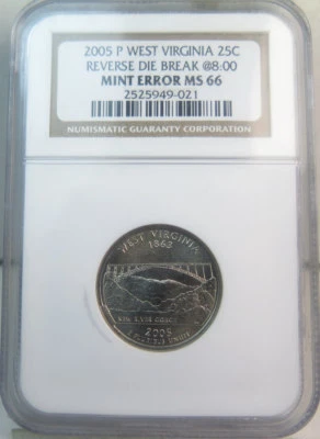 2005 P West Virginia state quarter NGC MS66 *reverse die break @ 8:00* - Image 1 of 4