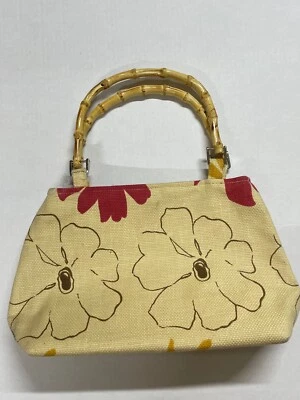 B'S PURSES HANDBAG 13" X 8" X 2" CUTE FLORAL DESIGN BAMBOO HANDLES  VINTAGE - Image 1 of 4