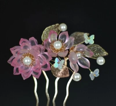 Peine de pelo dorado chino flor peonía cristal loto tres hermanas rosa gelatina Foto 1 de 4