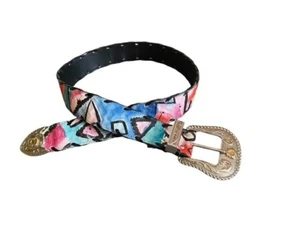 Nuovo Womens Sz Small Genuine Leather Hand Painted Western Silver Buckle Belt - Picture 1 of 12