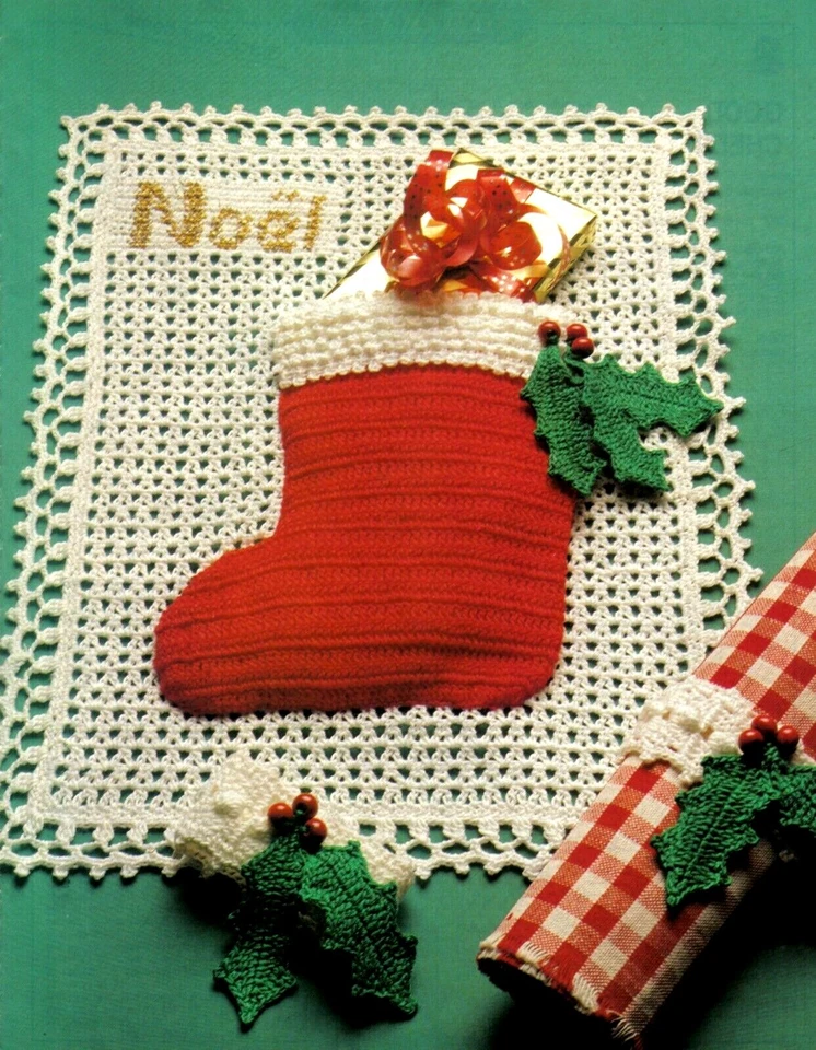 CHRISTMAS Santa's Boot Doily & Napkin Ring/Crochet Pattern INSTRUCTIONS ONLY - Image 1 of 1