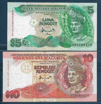 Malaysia 5 10 Ringgit 2 Pcs Lot, 1998 1995, P 35A 36, UNC - Image 1 of 2