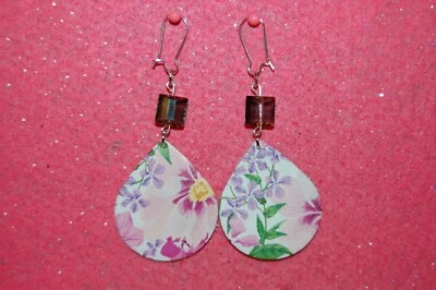 Серьги из натуральной кожи с цветочным рисунком каплевидные крючки с покрытием из хрусталя и чистого серебра - Изображение 1 из 4