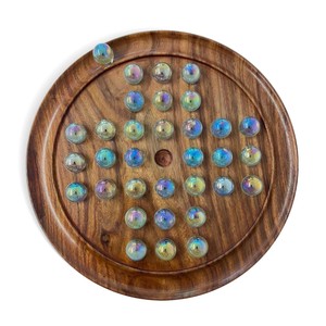 30cm Diameter WOODEN SOLITAIRE BOARD GAME with CLEAR PEARLESCENT GLASS MARBLES