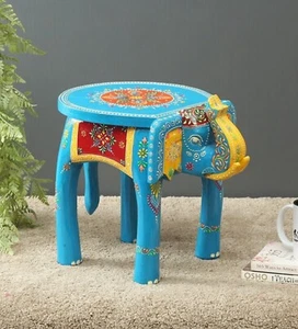 Indian Hand Painted Blue Color Elephant Shape Stool Wooden Stool Room Side Stool - Picture 1 of 9