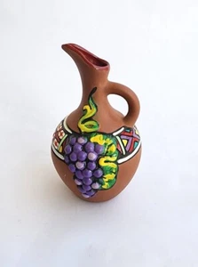 Vintage Nice Small Georgian Hand Painted Craft Pottery Jug Flag Grapes Pitcher - Picture 1 of 5