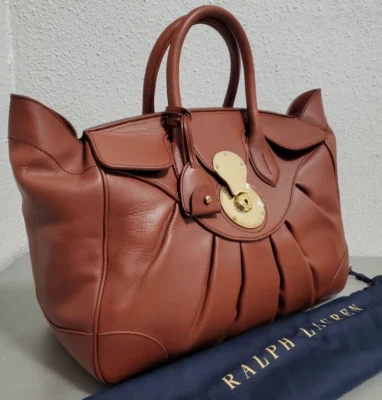 BOLSO CARTERA MUJER RALPH LAUREN ETIQUETA PÚRPURA PLISADO RICKY MARRÓN VACHETTA CUERO Foto 1 de 4