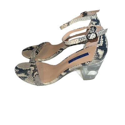 Stuart Weitzman Women NearlyNude Snake-Print Clear Heel Strap Sandal US 8.5 - Image 1 of 4