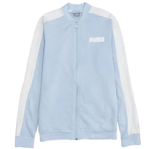 Puma Light Blue Track Jacket Women's Small Printed Logo White Stripe Zip - Picture 1 of 8